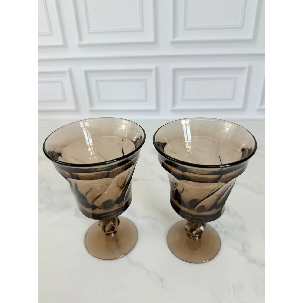 VTG Pair (2) Fostoria Jamestown Brown Swirl Water Goblets 5 7/8